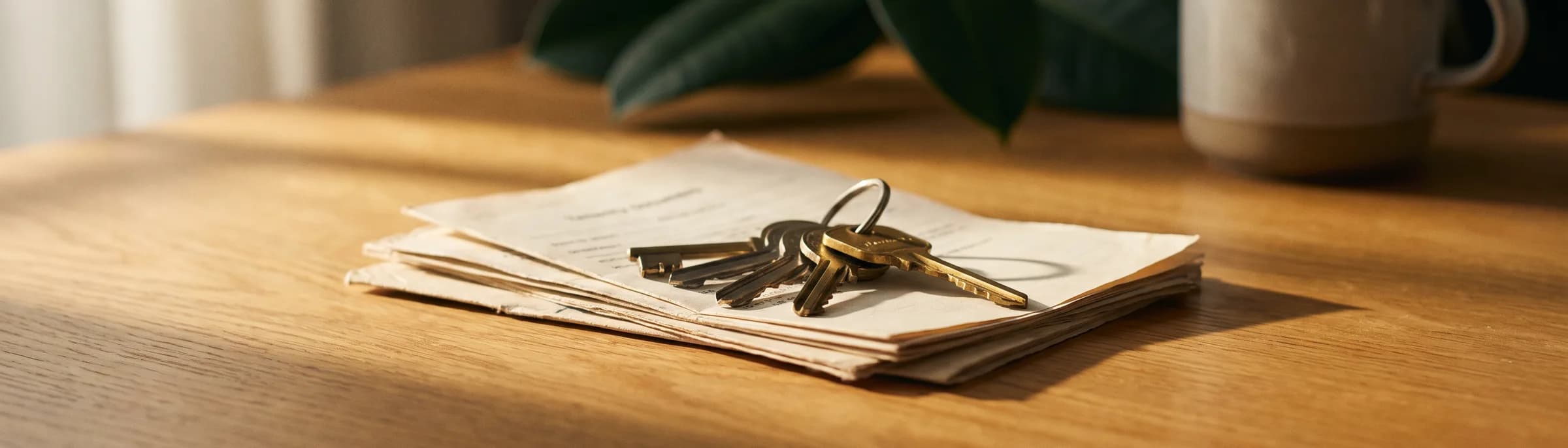 A folded set of tenancy papers and a ring of house keys on an oak table in low morning sun