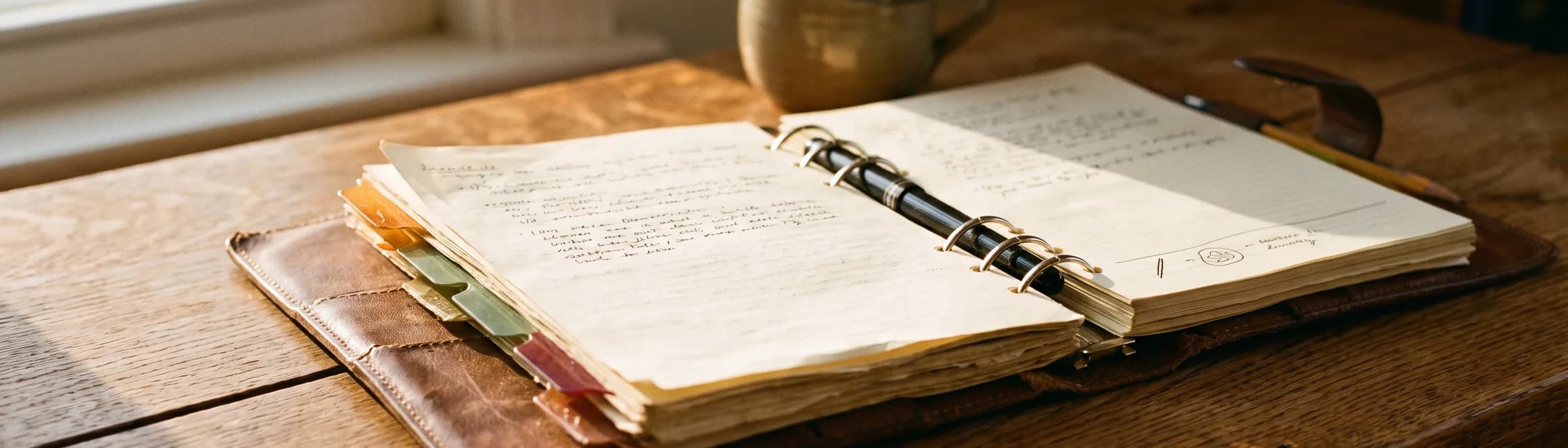 A worn ring binder open on a desk, its pages handwritten and tabbed with coloured dividers