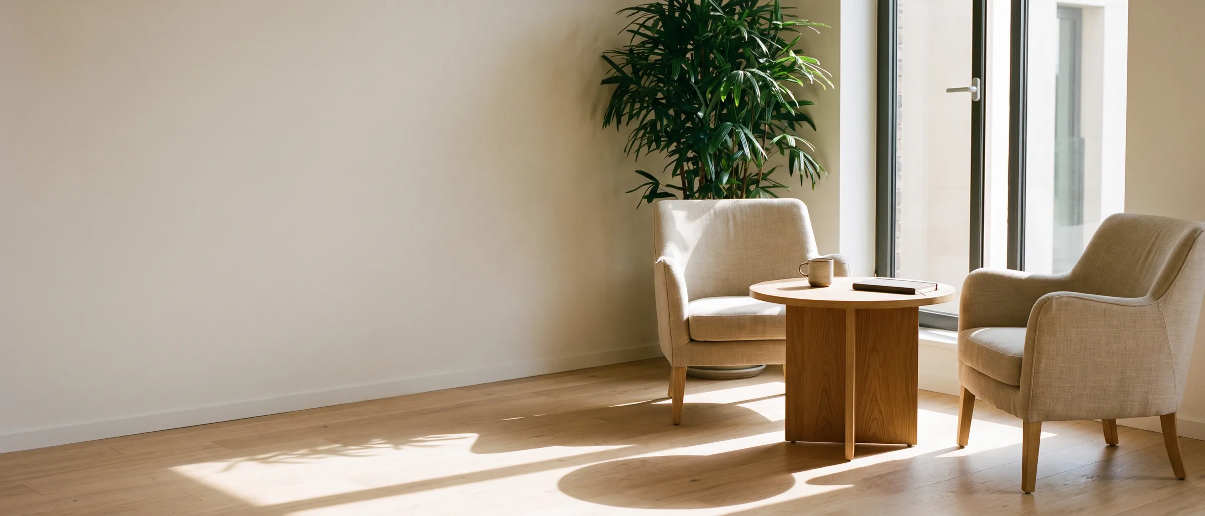 Two chairs either side of a small round table by a window, in warm morning light