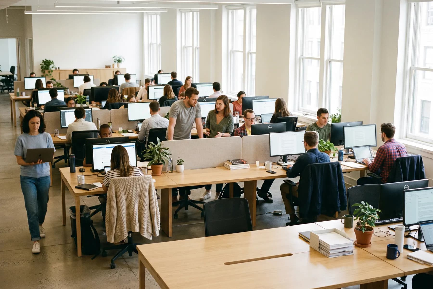 A busy open-plan office in daylight, long desks of people working, plants along the windows