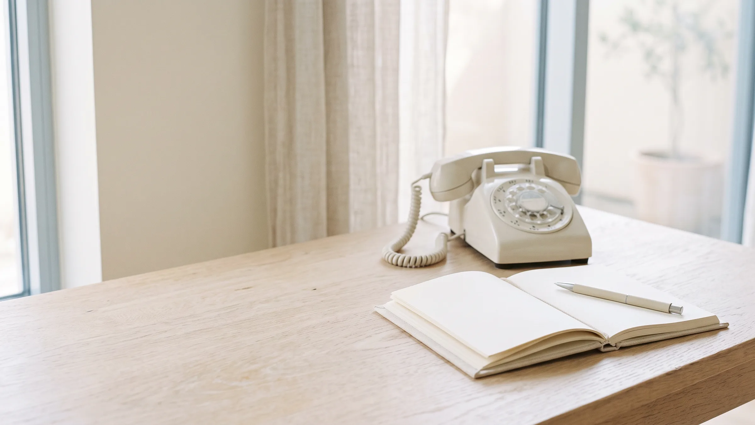 A cream desk telephone beside an open notebook and pen on a pale oak desk in soft daylight