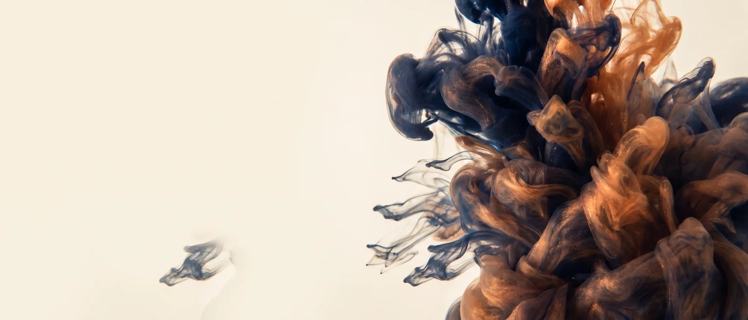 Navy and copper inks unfurling together through still pale water, the ink held to the right of the frame