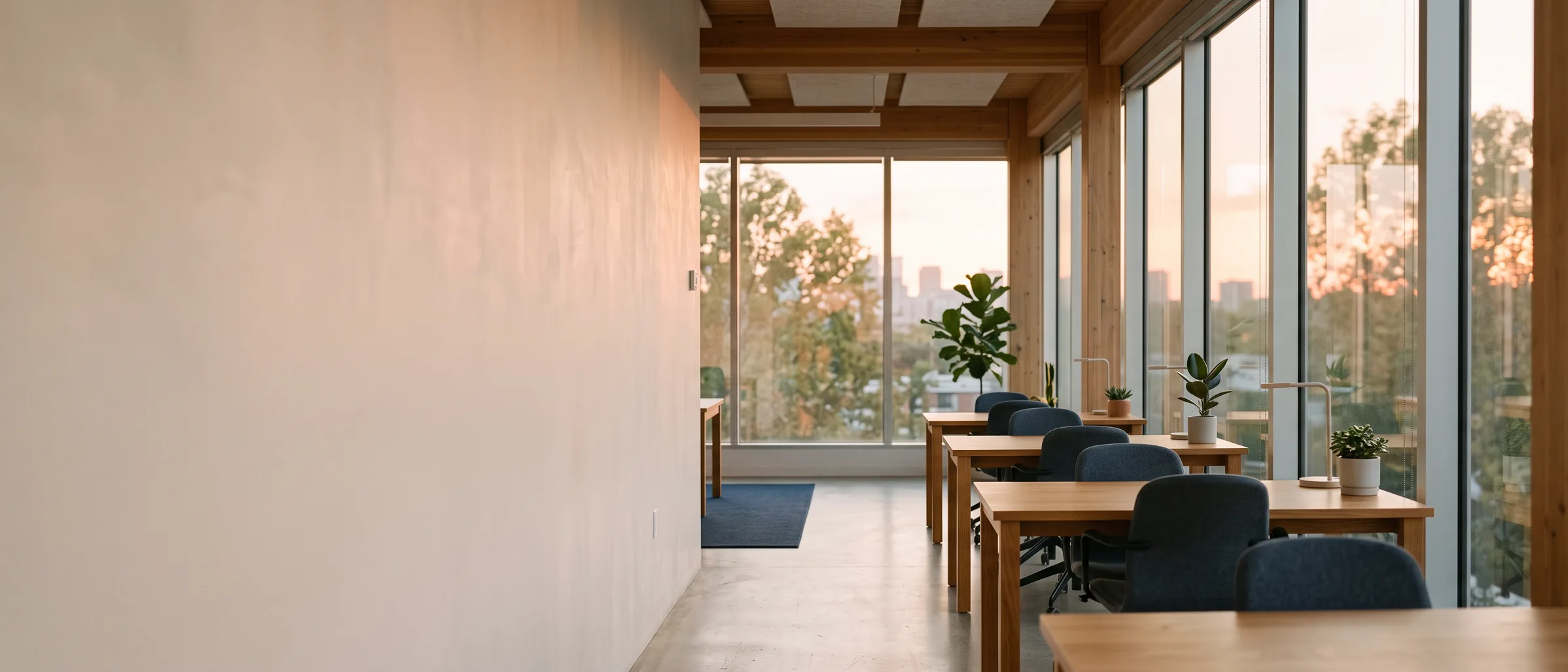 A quiet workspace at golden hour, the left of the frame open and softly lit
