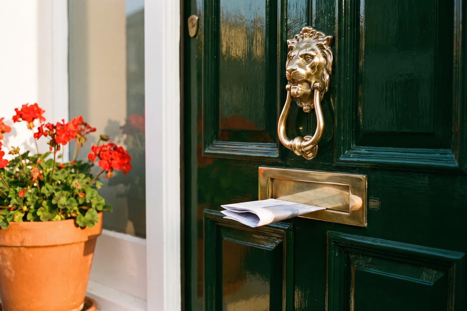 A document half posted through the brass letterplate of a dark green front door