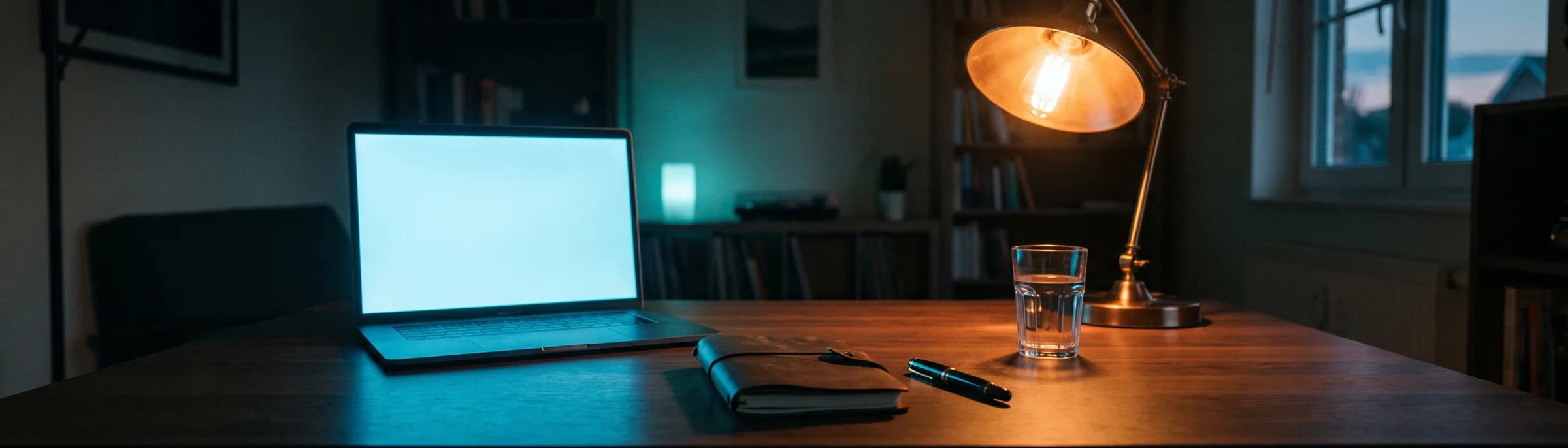 A laptop open on a desk at dusk, its cold screen light meeting the warm light of a desk lamp