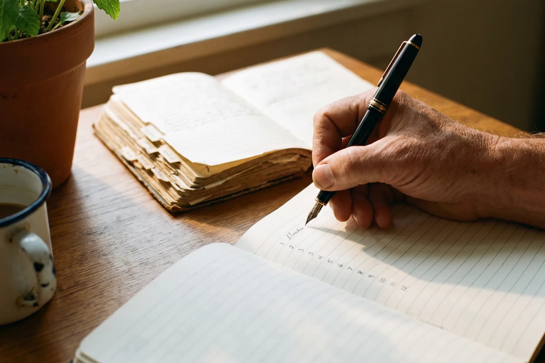 A hand writing a numbered list into a notebook beside an older, well-thumbed one