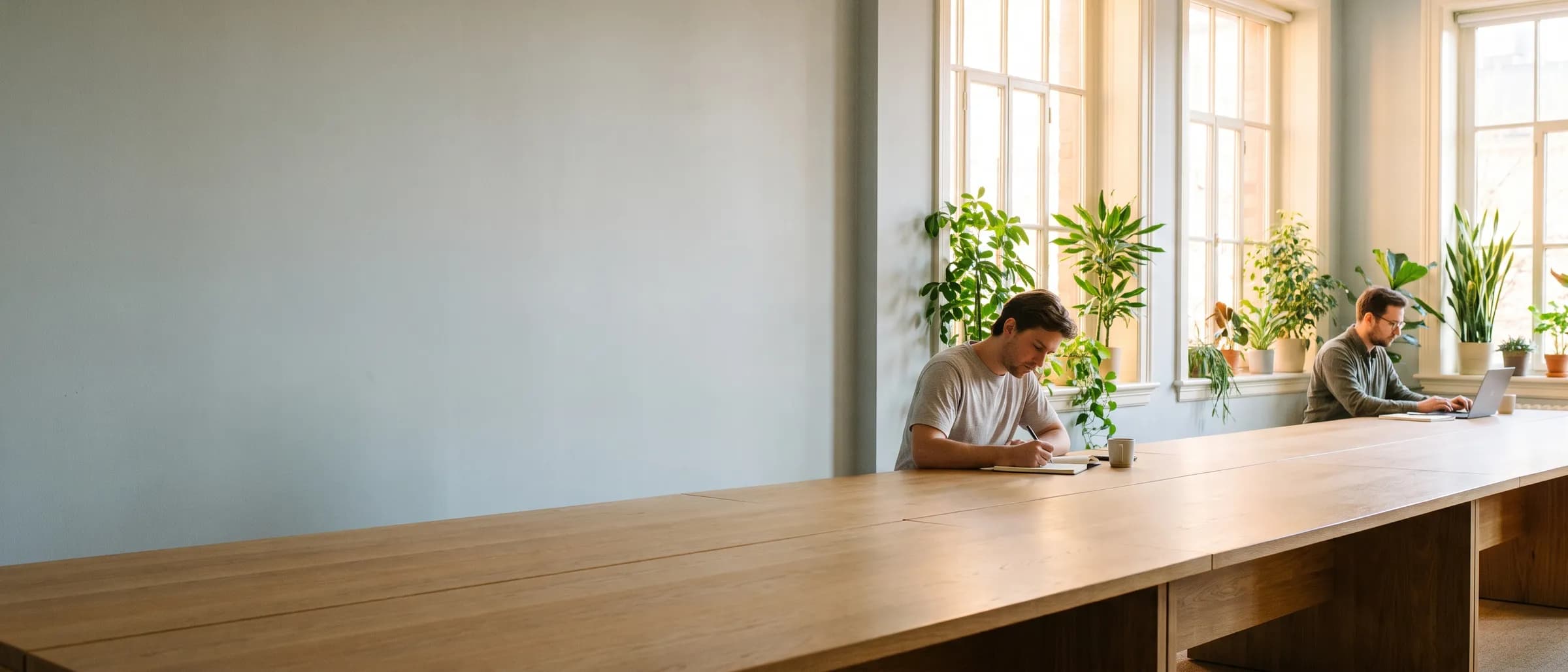 A long oak table by tall windows, two colleagues working some way apart along it