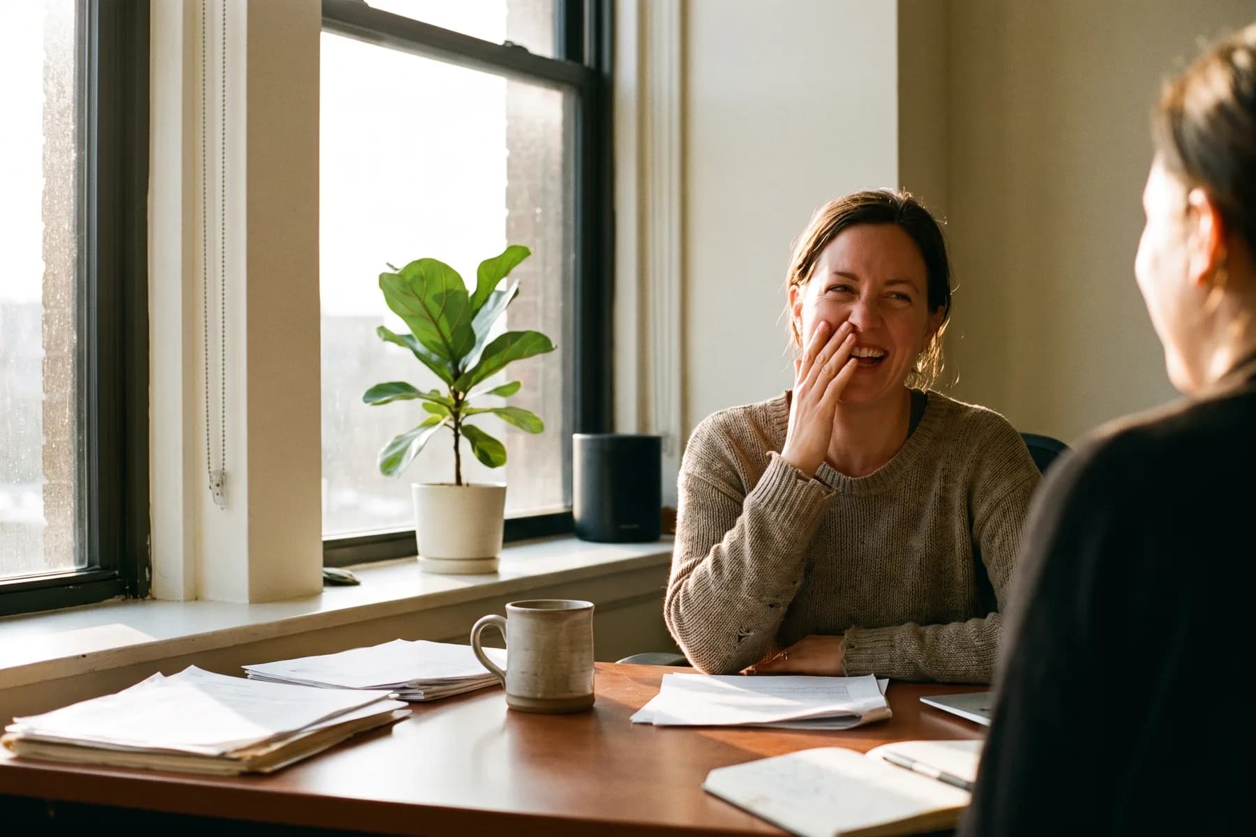 A colleague laughing mid-conversation at a desk beside a sunlit window