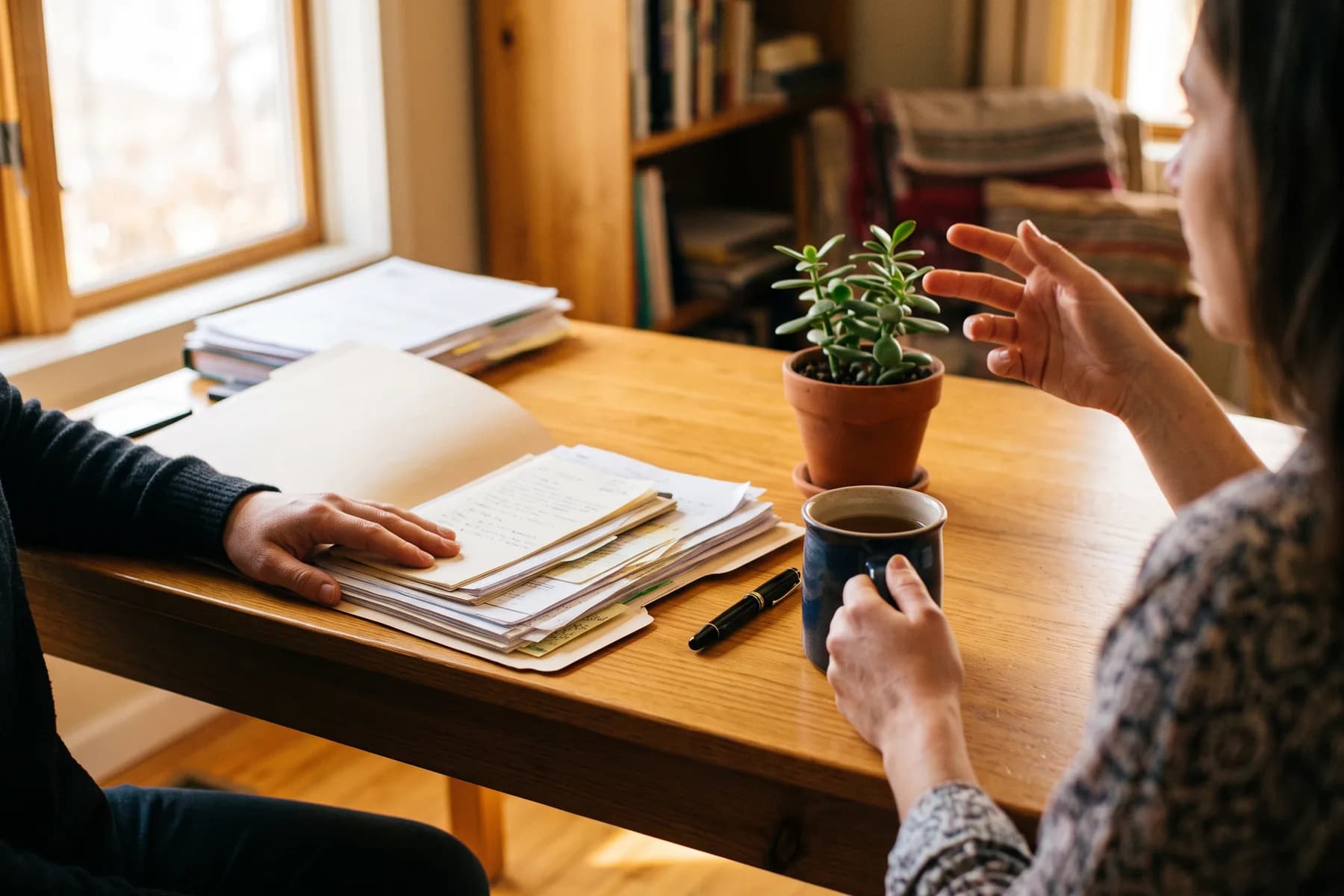 Two people talking across a desk over an open file of papers in warm afternoon light